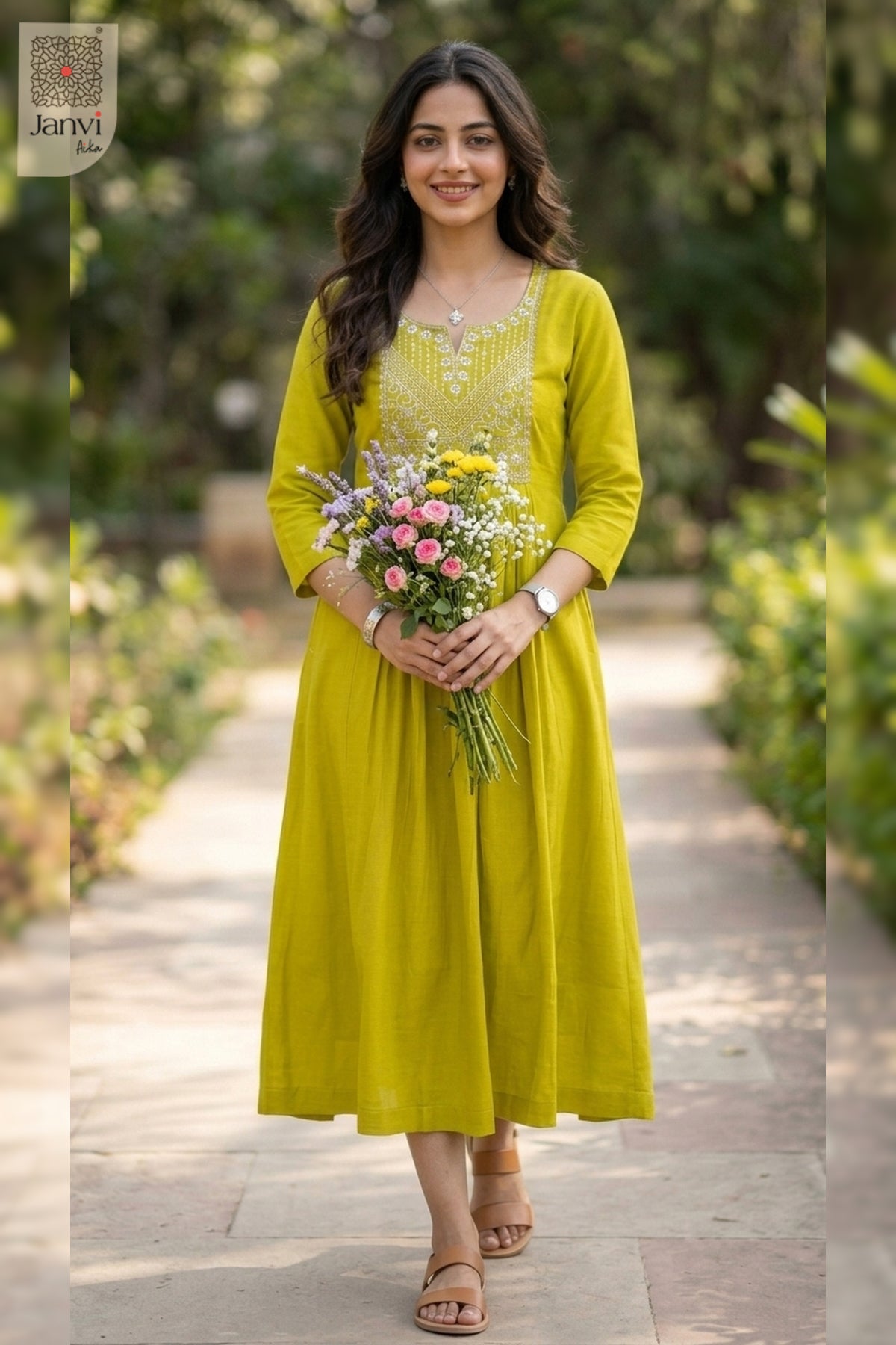 Holding flower bouquet in moderate yellowish green dress tops for women in park setting