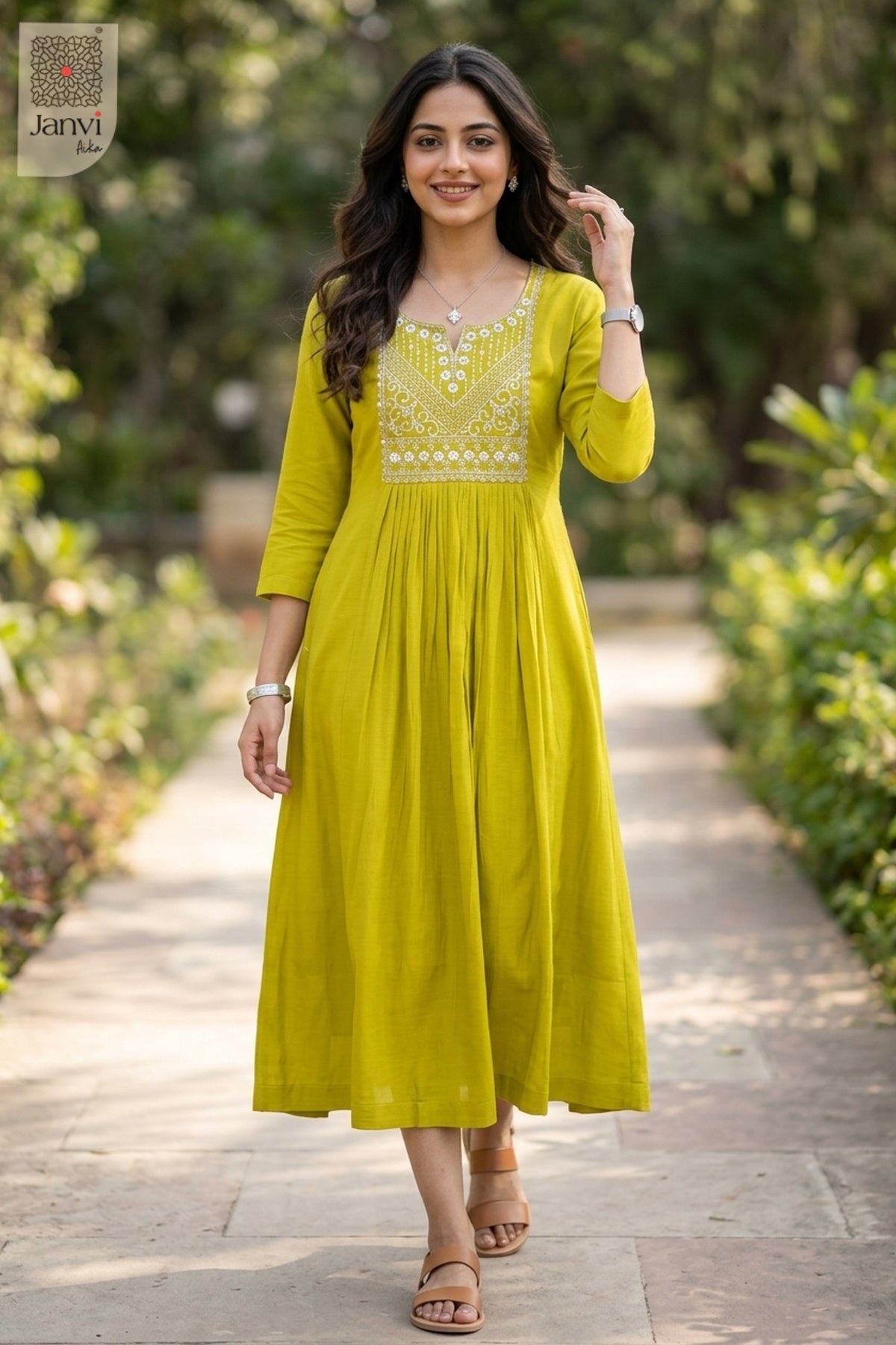 Posing in moderate yellowish green unique tops for women while touching hair in park