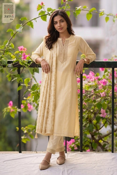 Balcony pose leaning on railing in an off white silver worked churidar sleeves kurti.