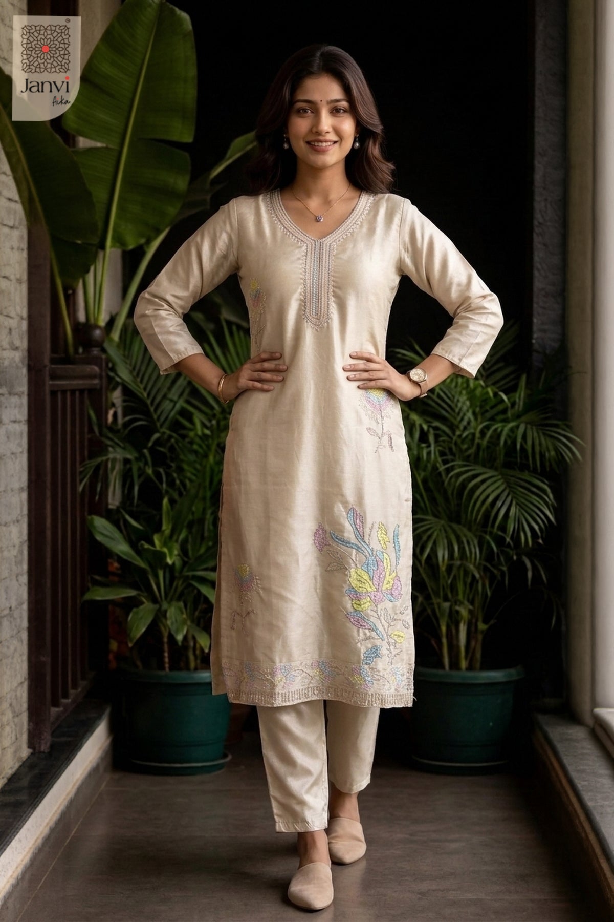 Silver Satin Rounded V Neck
