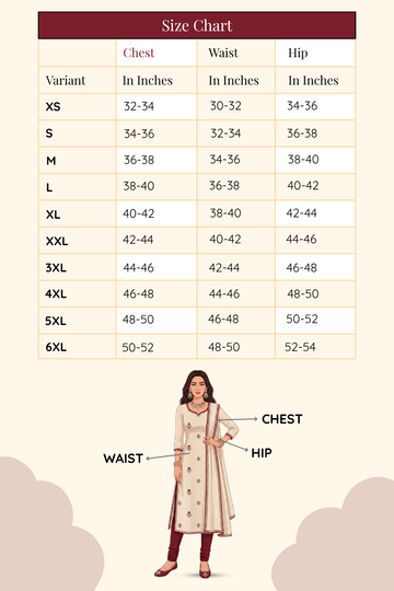 Size chart showing measurements from XS to 6XL for readymade dress online shopping.