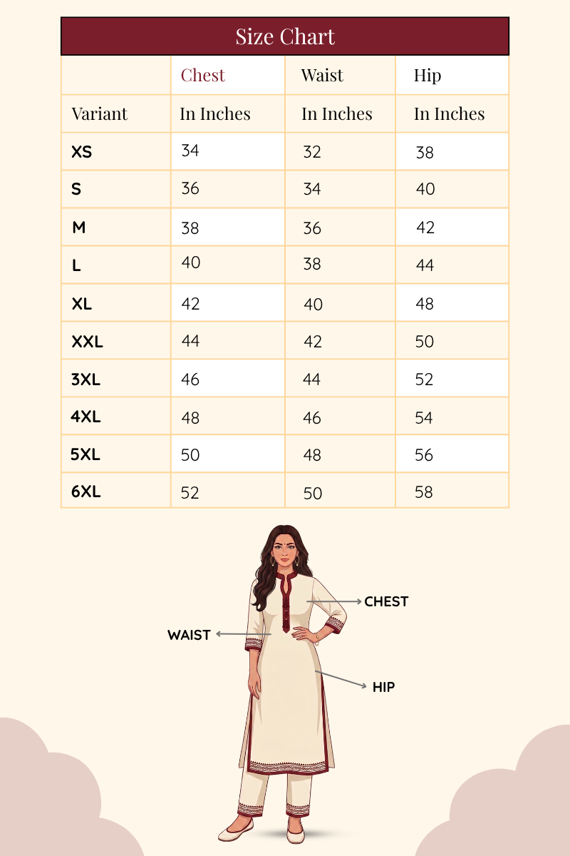 Size chart showing measurements from XS to 6XL for casual party outfits for ladies.