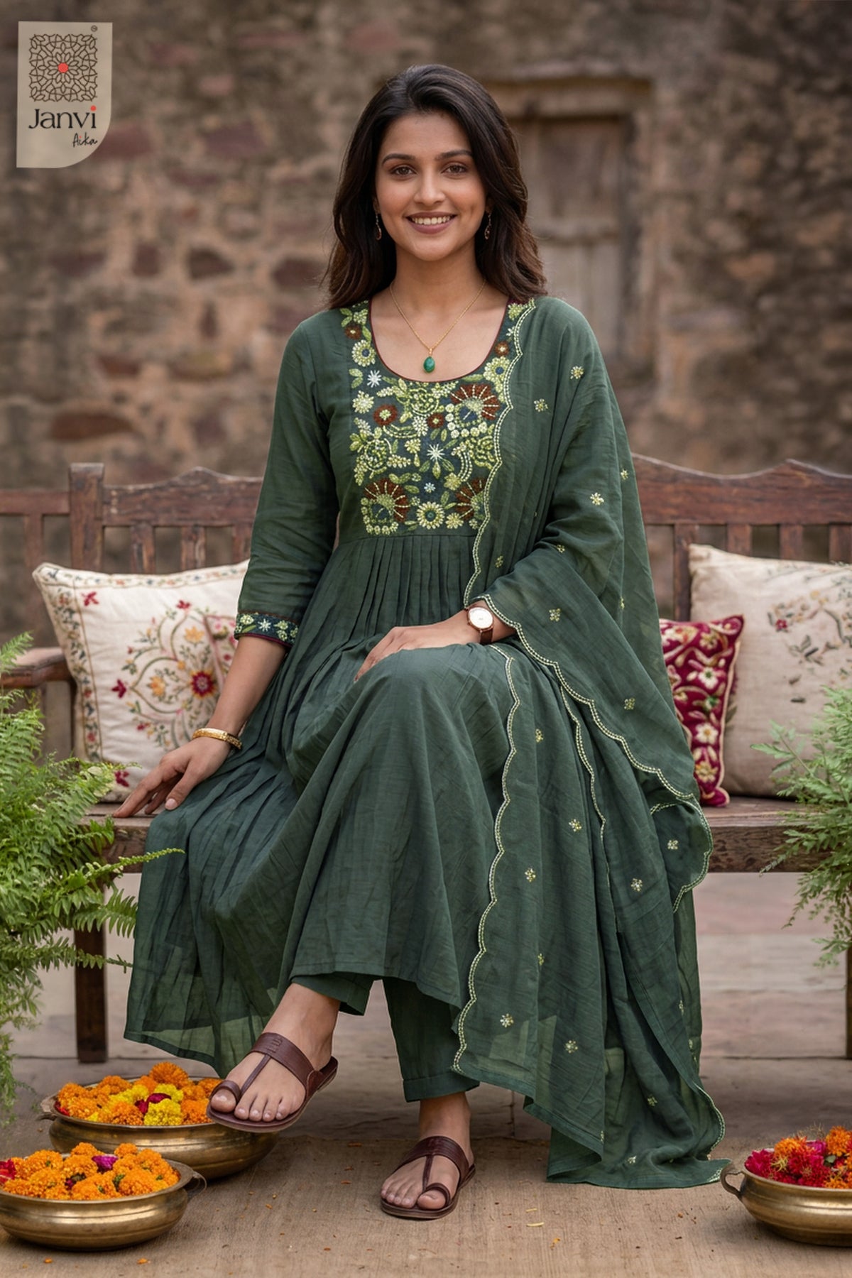 Slate Jewel Meadow Beadwork Round Neck