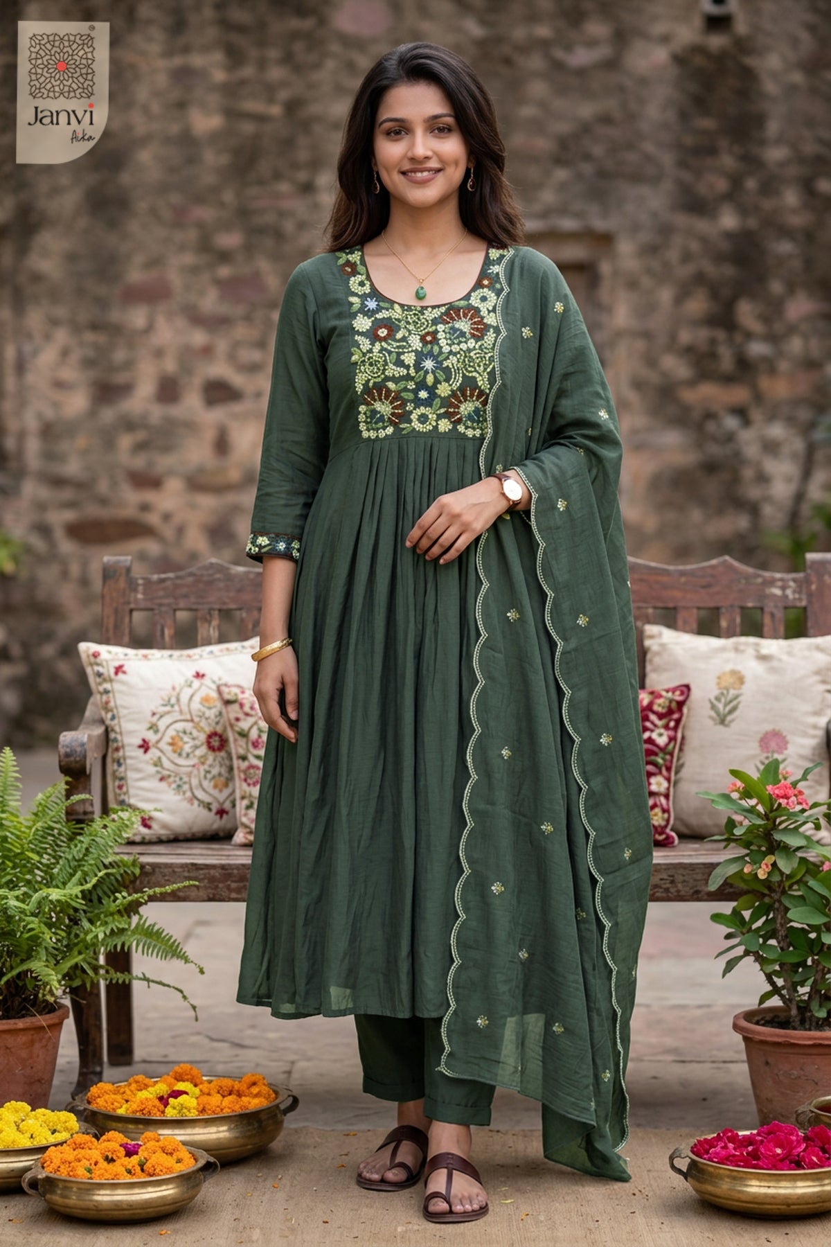 Slate Jewel Meadow Beadwork Round Neck