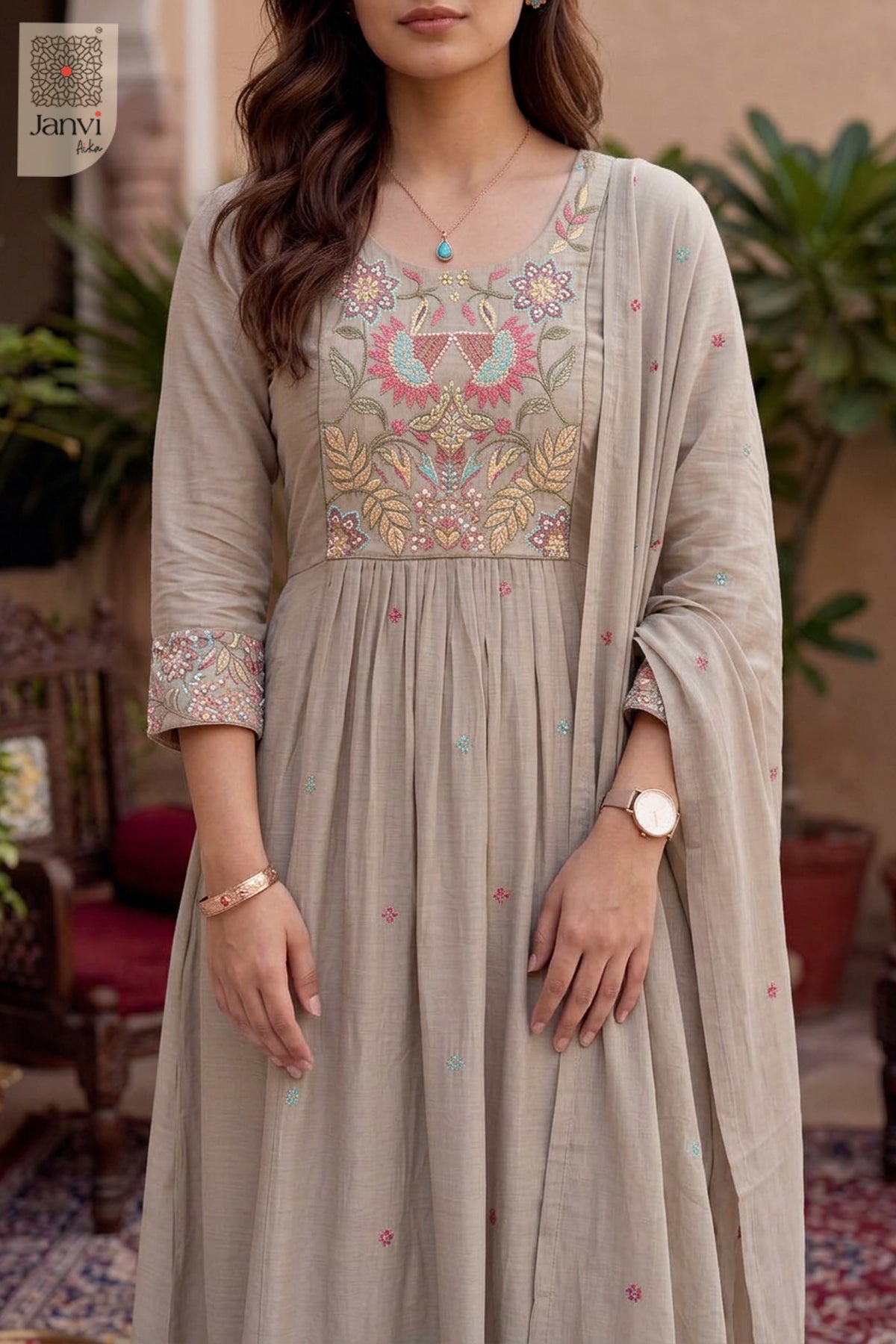 Stone Petalcraft Embroidered Round Neck