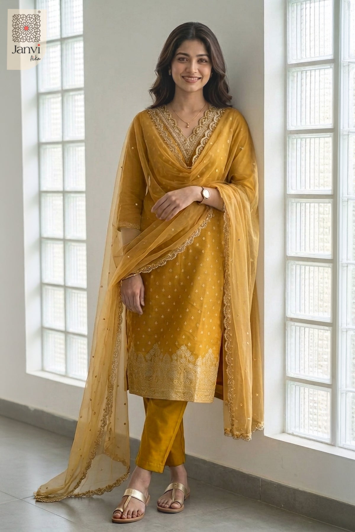 Close up front view showing cutwork lace on a dijon yellow festive party wear churidar.