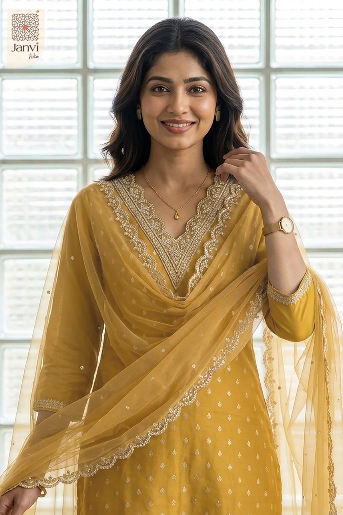 Radiant beauty portrait smiling in an ornate dijon yellow churidar set readymade.
