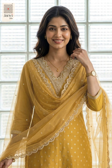 Radiant beauty portrait smiling in an ornate dijon yellow churidar set readymade.