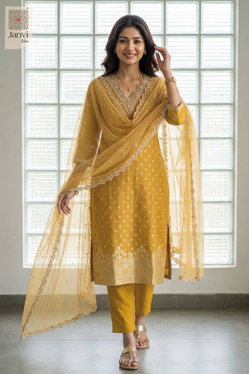 Front standing portrait by a window pane in a dijon yellow churidar set with dupatta.