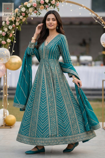 Radiate elegance in this front full view holding the dupatta wide for stylish indo western women.
