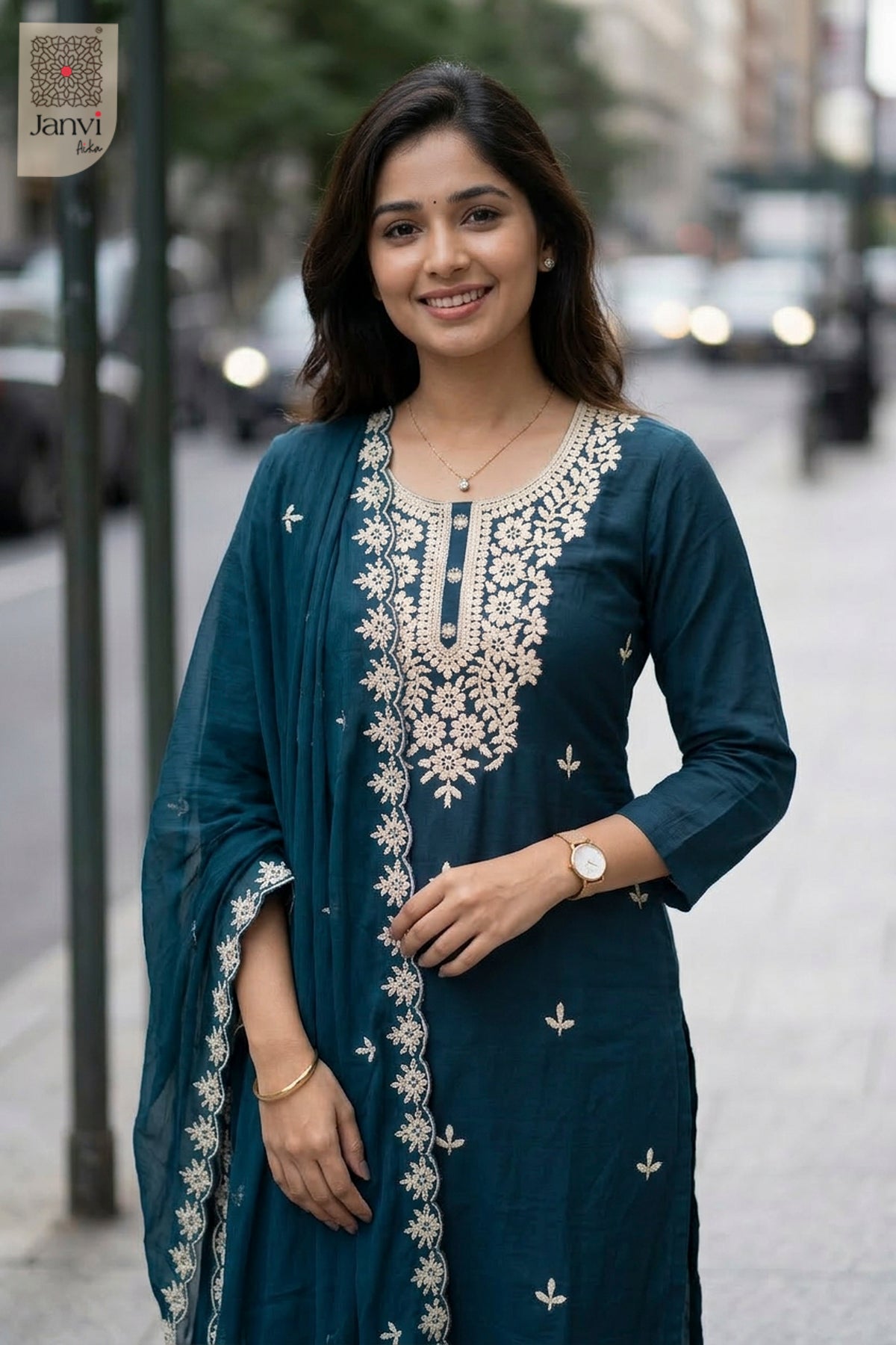 Close-up of bodice and embroidery of Teal Radiance for indo western party wear for ladies.