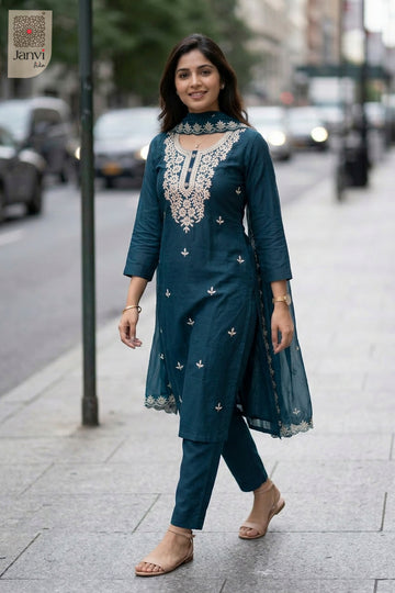 Side profile view of Teal Radiance showcasing design for indian party wear dress for ladies.