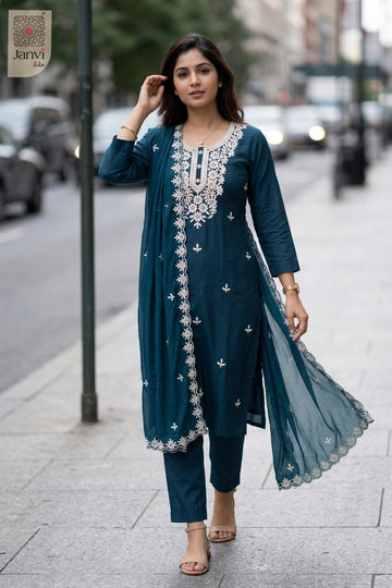Front full view of Teal Radiance showcasing style for simple party wear dress for ladies.