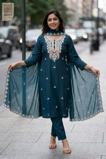 Front angled view of the flared silhouette of Teal Radiance for beautiful party dresses for ladies.