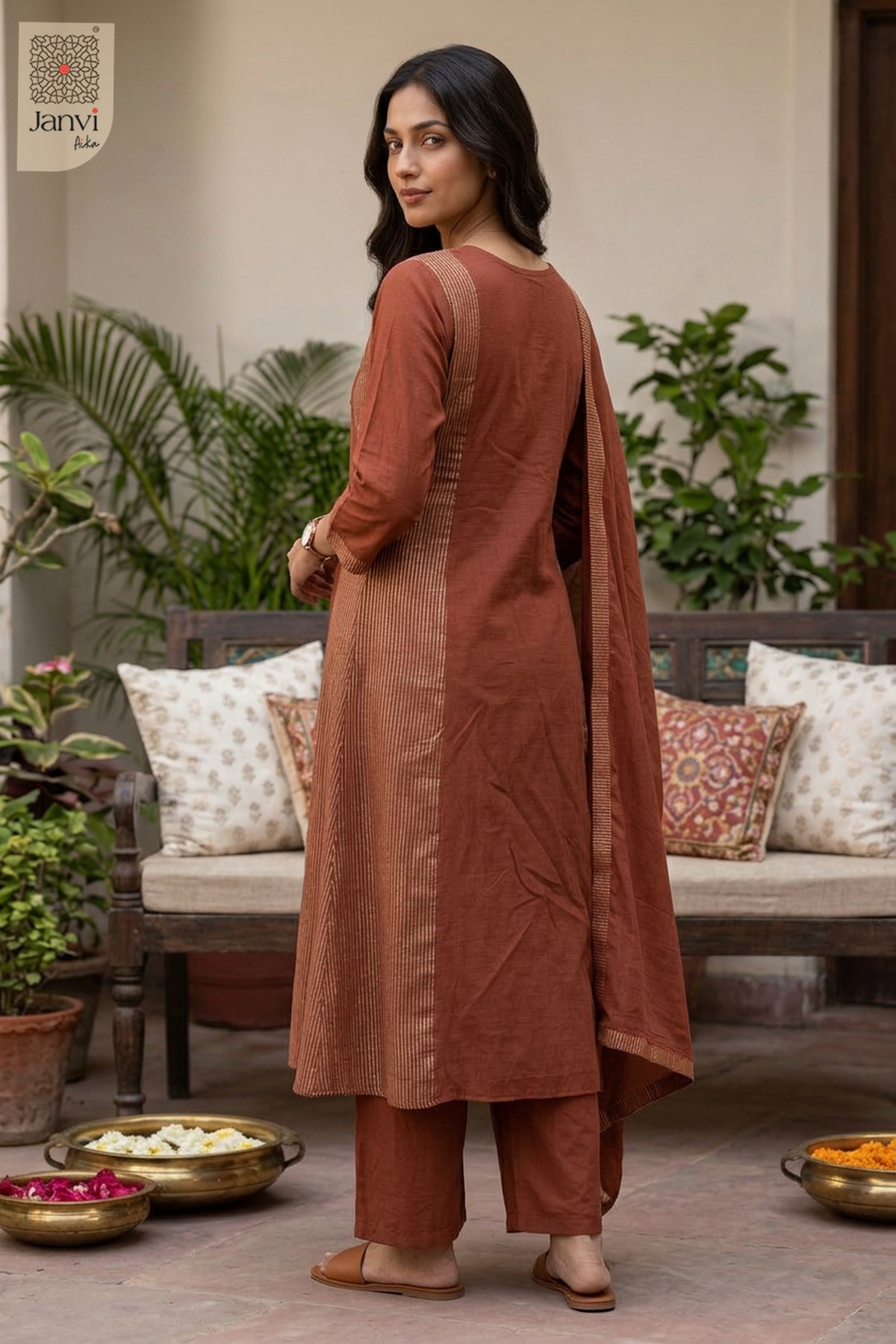 Tantika Pinstripe Panel Butti Work Notch Neck Anarkali