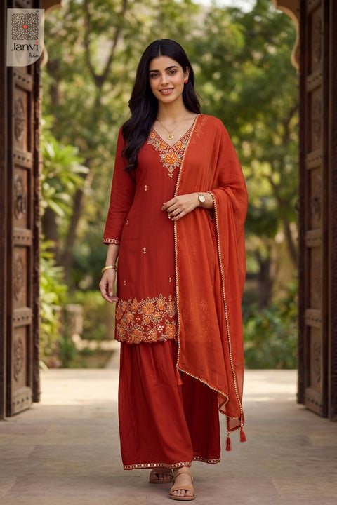 Orange festive embroidered long anarkali dress with dupatta and matching trousers.