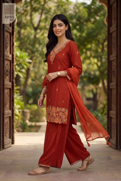 Walking sequence pose in an orange festive embroidered anarkali kurta set attire.