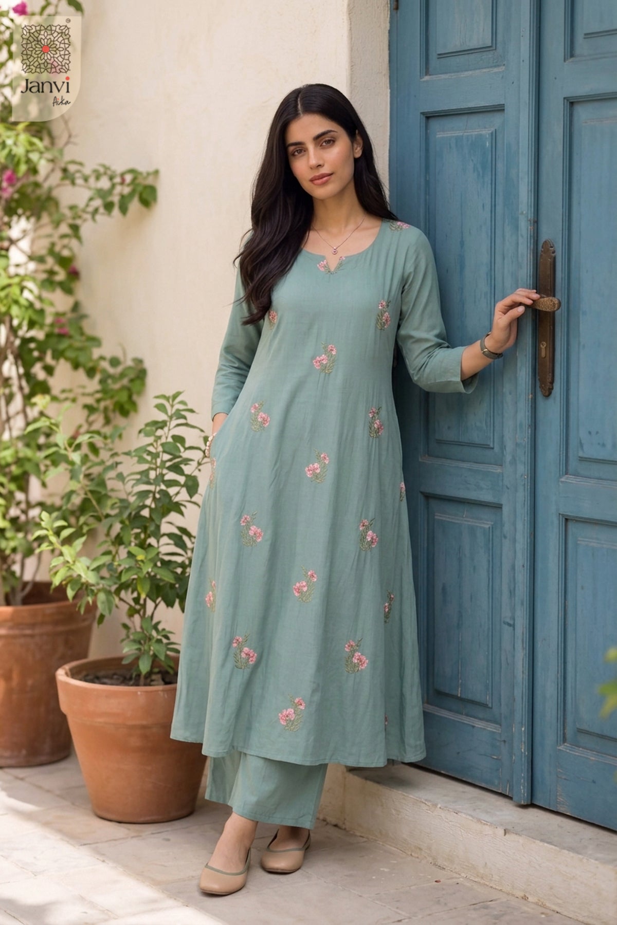 Teal Blossom Embroidered Dress