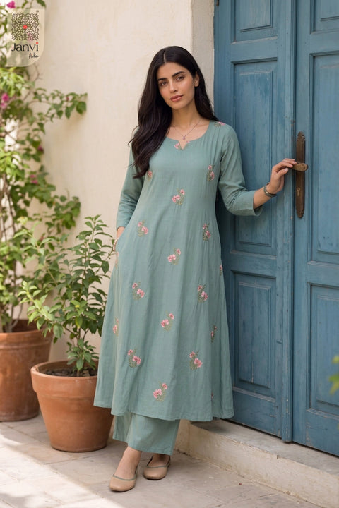 Teal Blossom Embroidered Dress