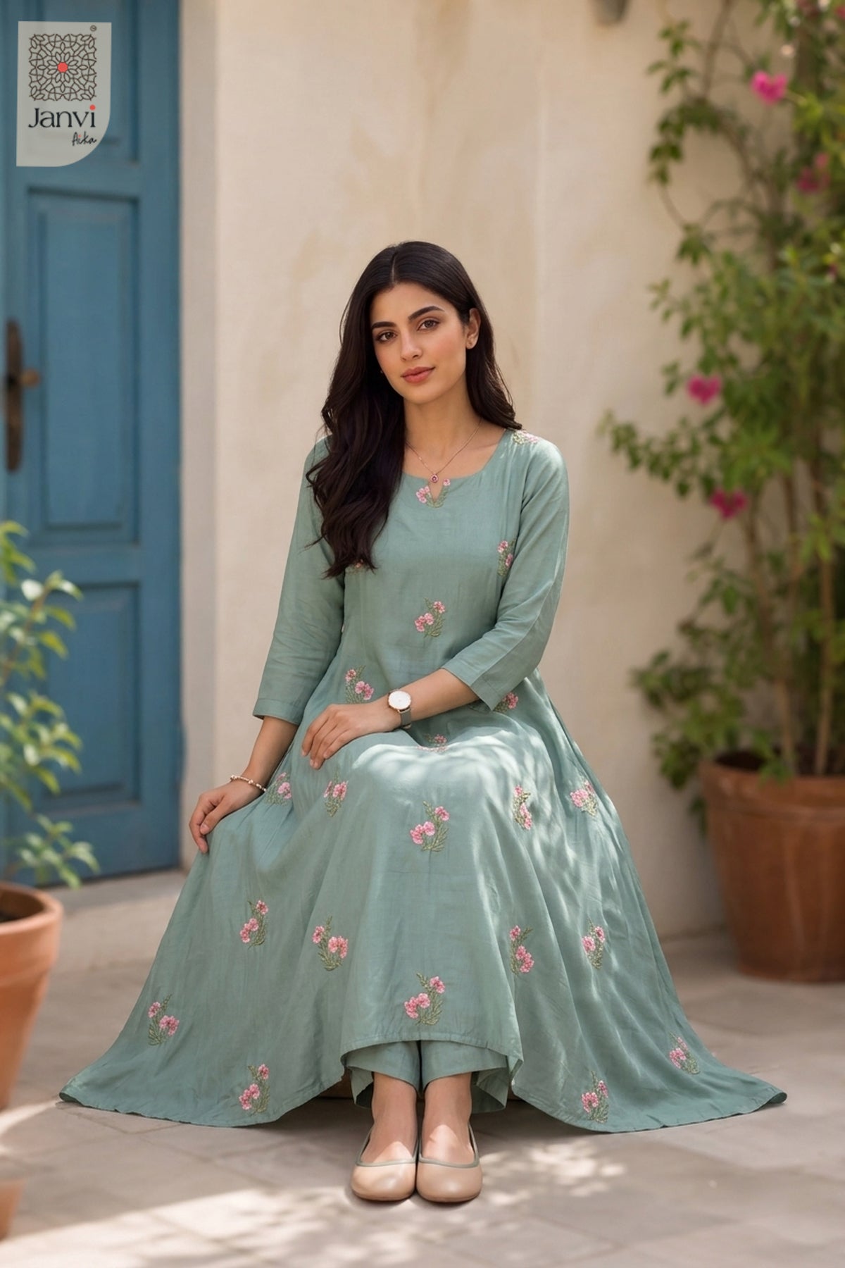 Teal Blossom Embroidered Dress