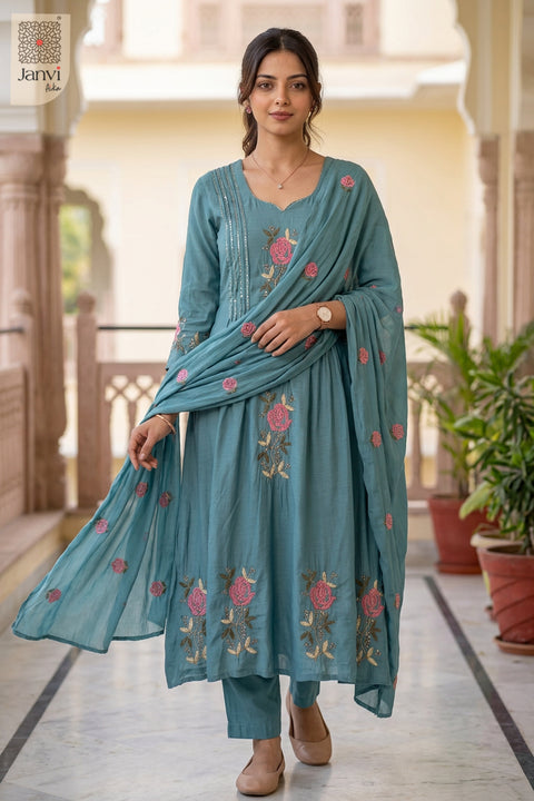 Teal Blue Rose Reverie Floral Embroidered Notch V Neck Pleated Kurti