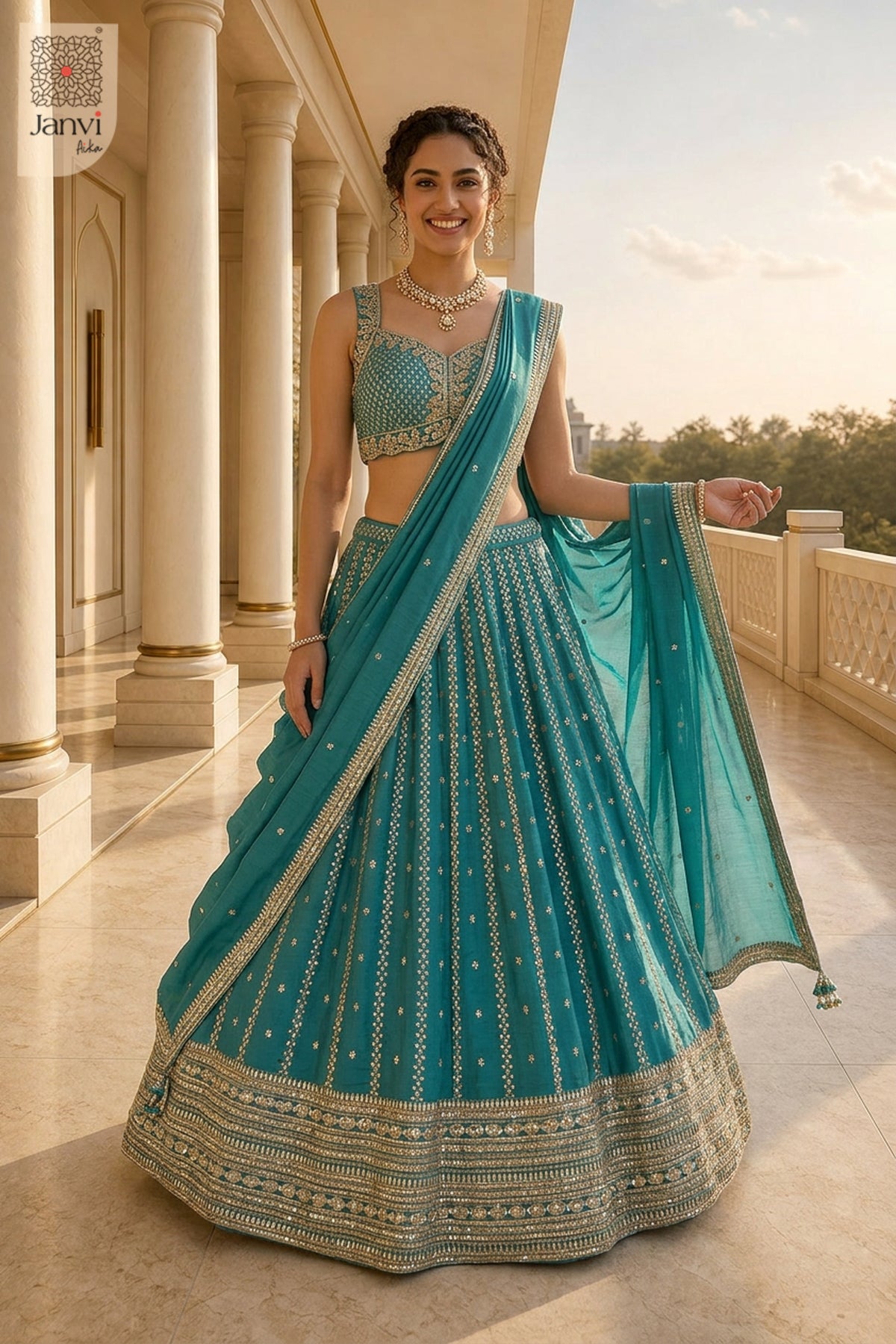 This front full standing shot showcases a gorgeous teal georgette teal color lehenga for weddings.