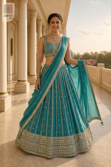 This front full standing shot showcases a gorgeous teal georgette teal color lehenga for weddings.