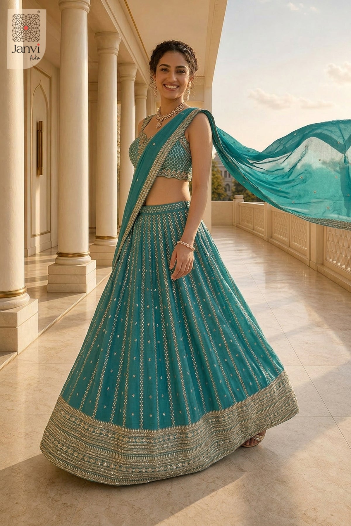 Stunning teal georgette traditional lehenga saree with an exquisite standing side profile shot.
