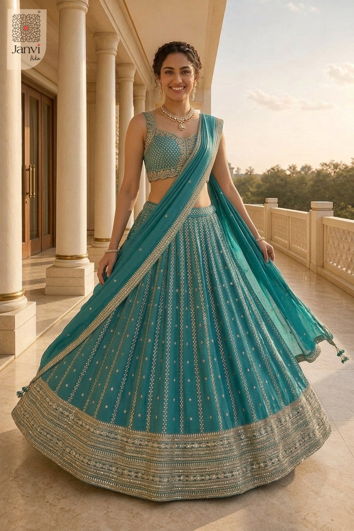 Elegant teal georgette online lehenga website featuring a detailed front full standing shot.