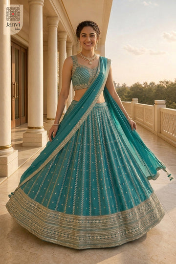 Elegant teal georgette online lehenga website featuring a detailed front full standing shot.