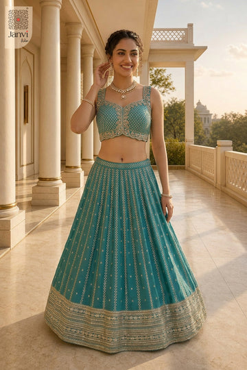 An exquisite mirror work choli with front full standing shot in a premium teal georgette design.