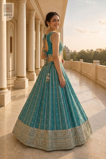 Rear full standing shot of a classic teal georgette latest party wear lehenga design.