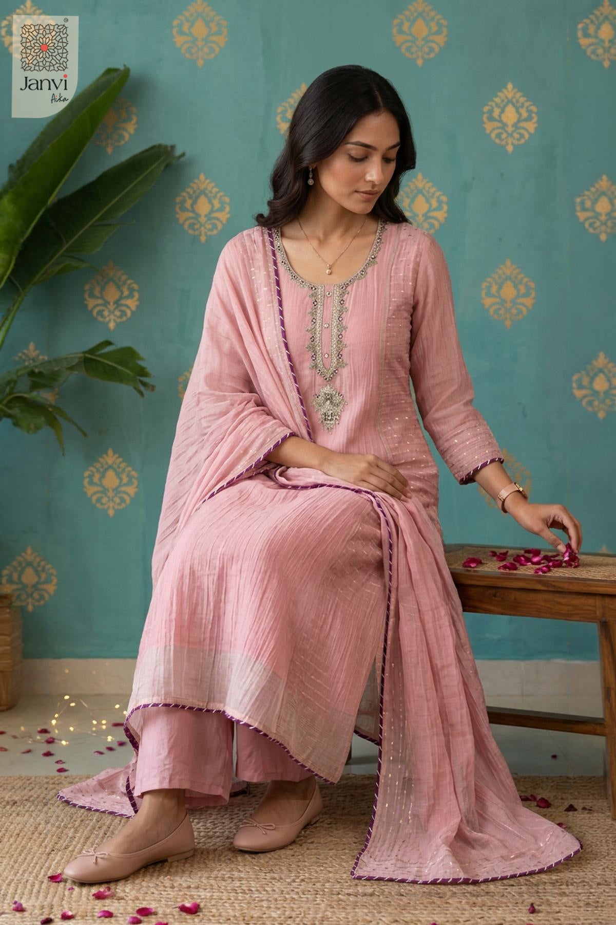 Tessara Dotted Panel Embellished U Neck Anarkali