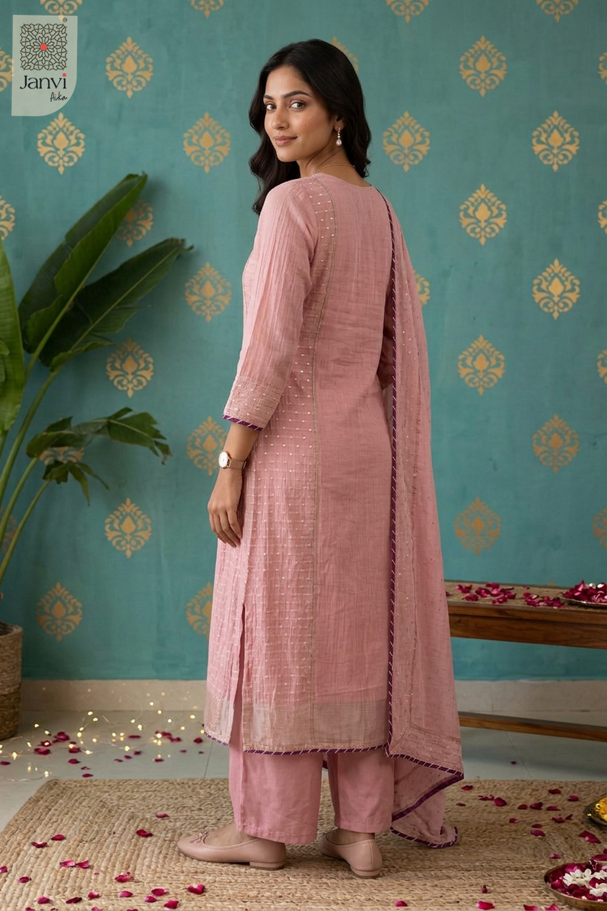 Tessara Dotted Panel Embellished U Neck Anarkali