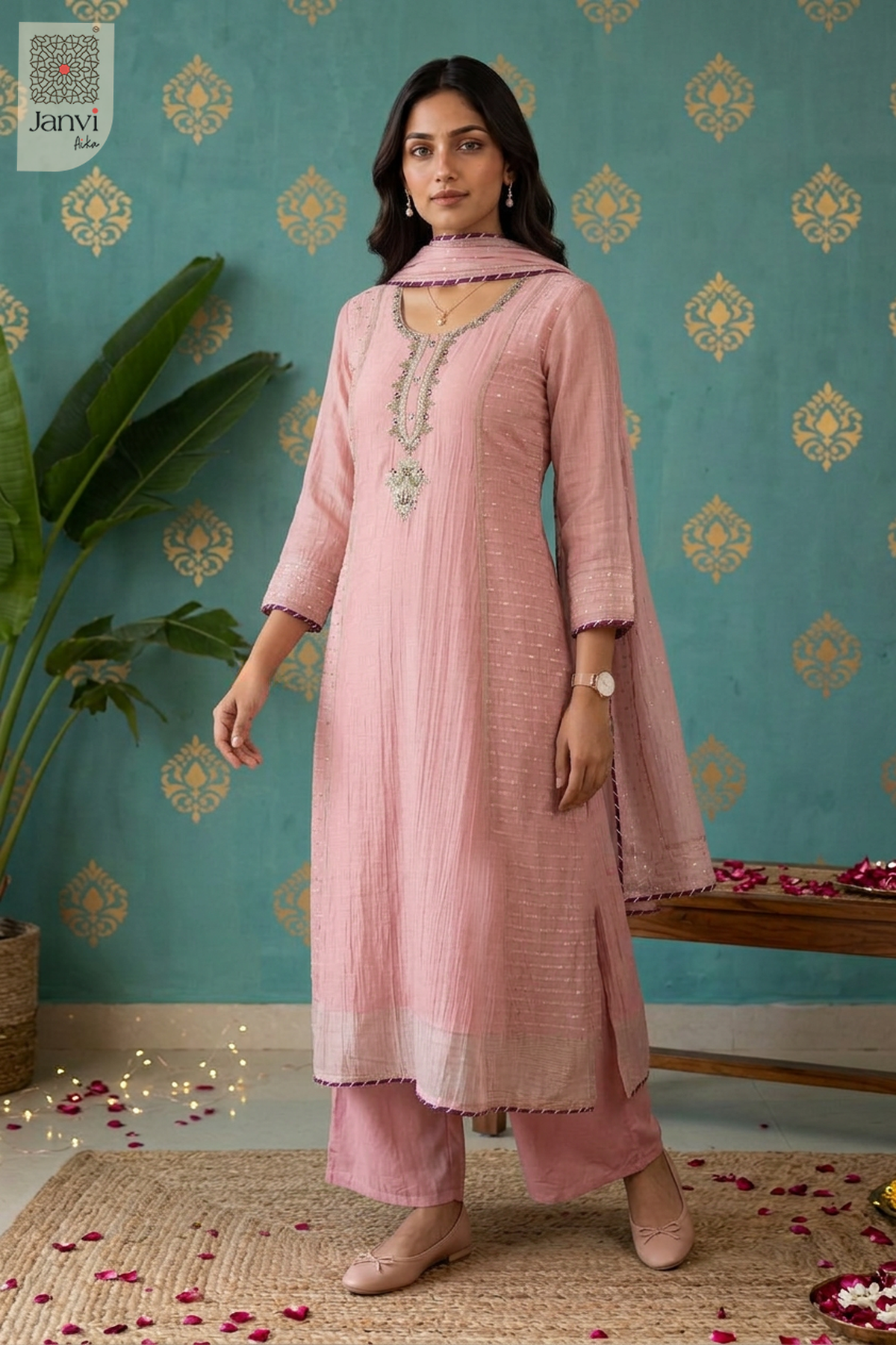 Tessara Dotted Panel Embellished U Neck Anarkali