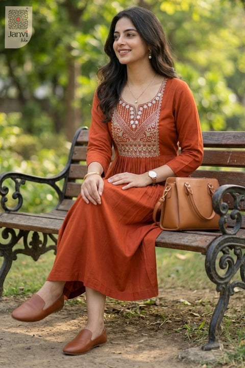 Model seated on park bench beside handbag in rust long tunic tops for women flared