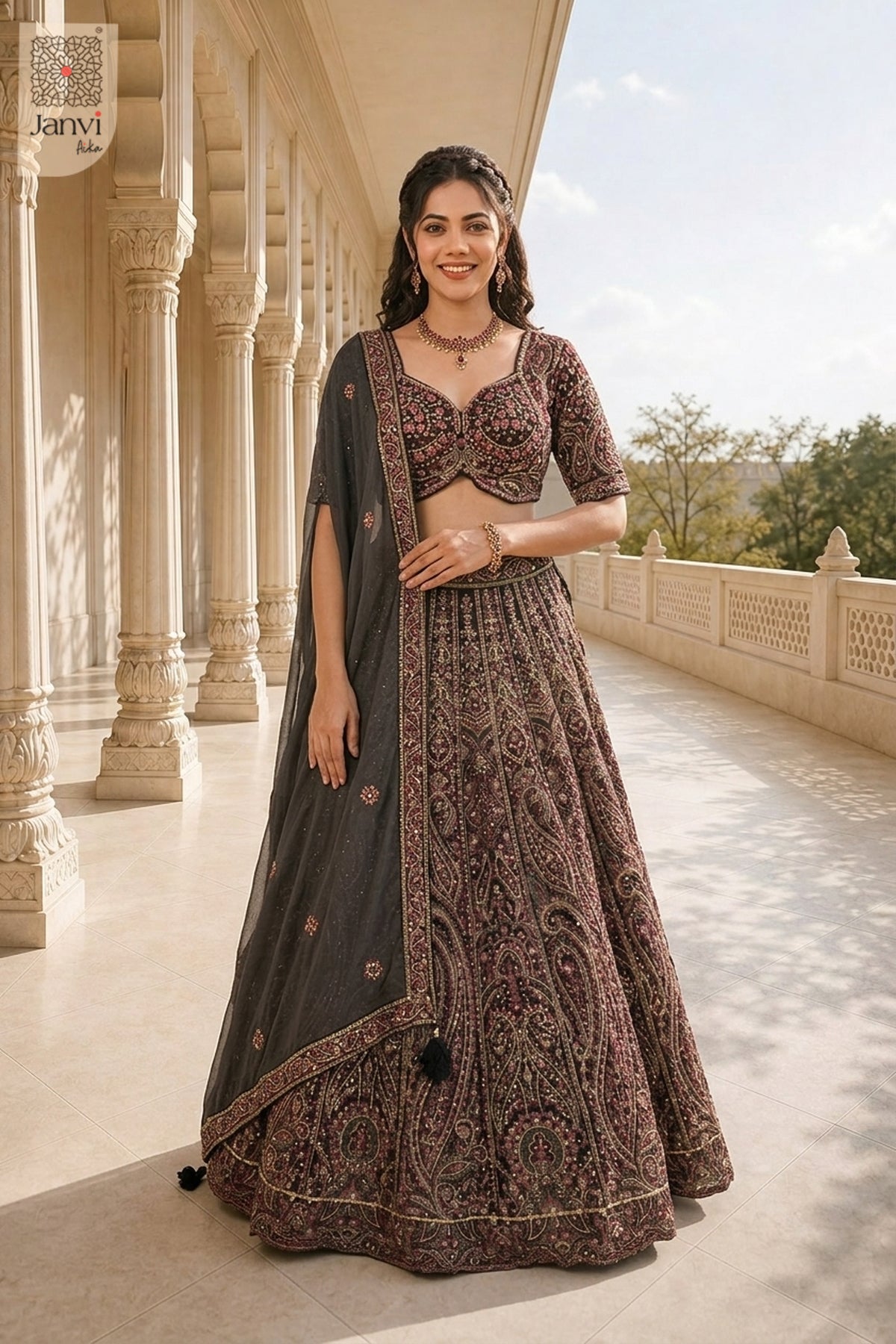This front full standing shot showcases a gorgeous black georgette black lehenga for garba.