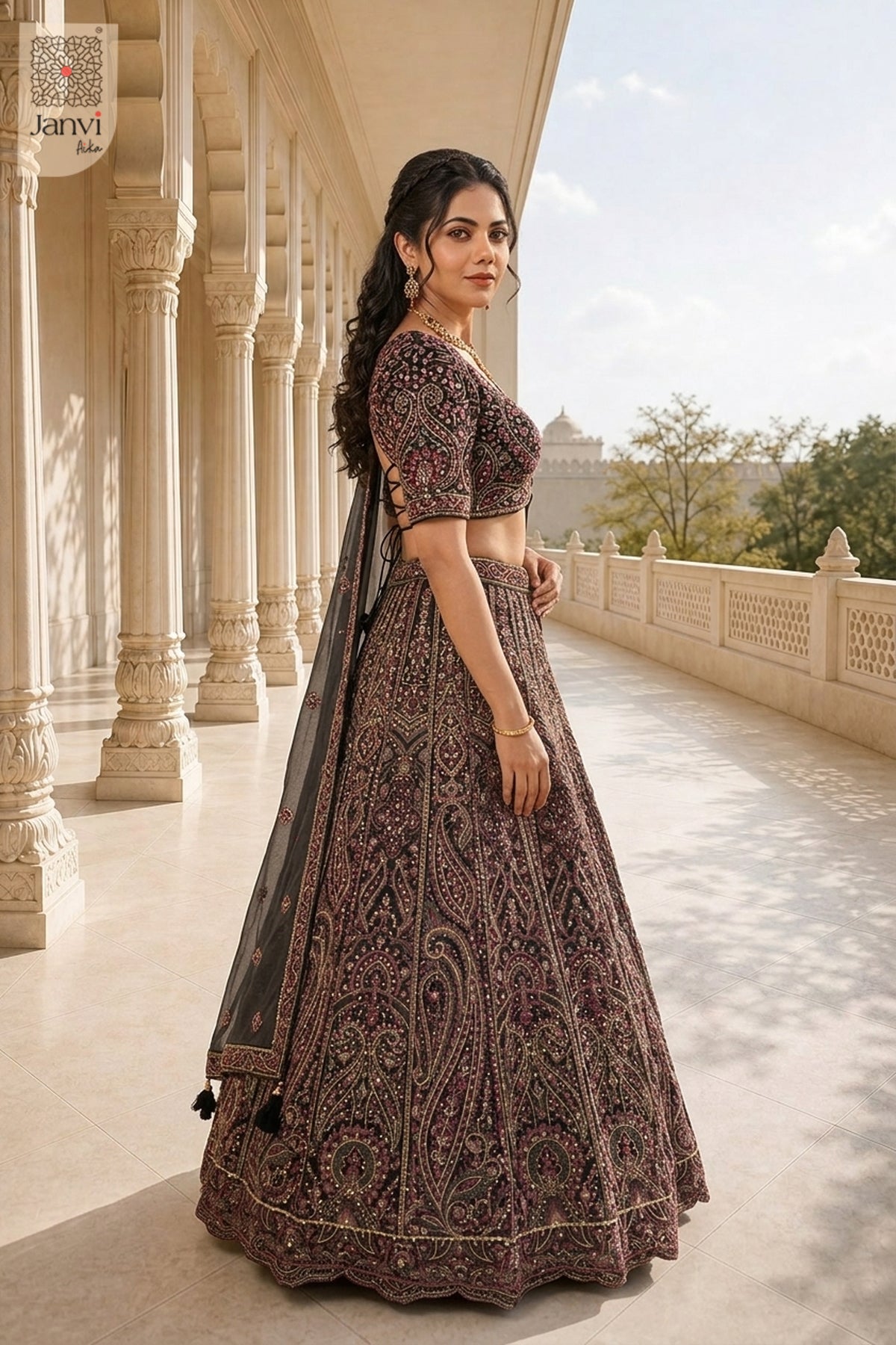 Elegant black georgette black colour ka lehenga featuring a detailed standing side profile shot.
