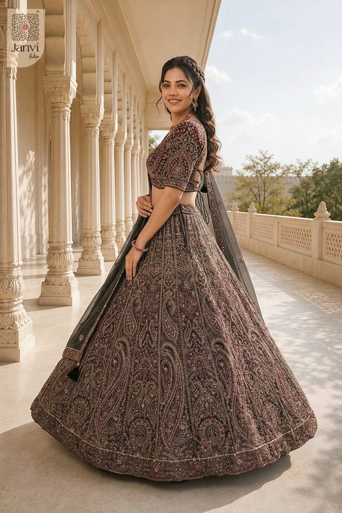 Standing side profile shot of a classic black georgette lehengas for wedding guests design.