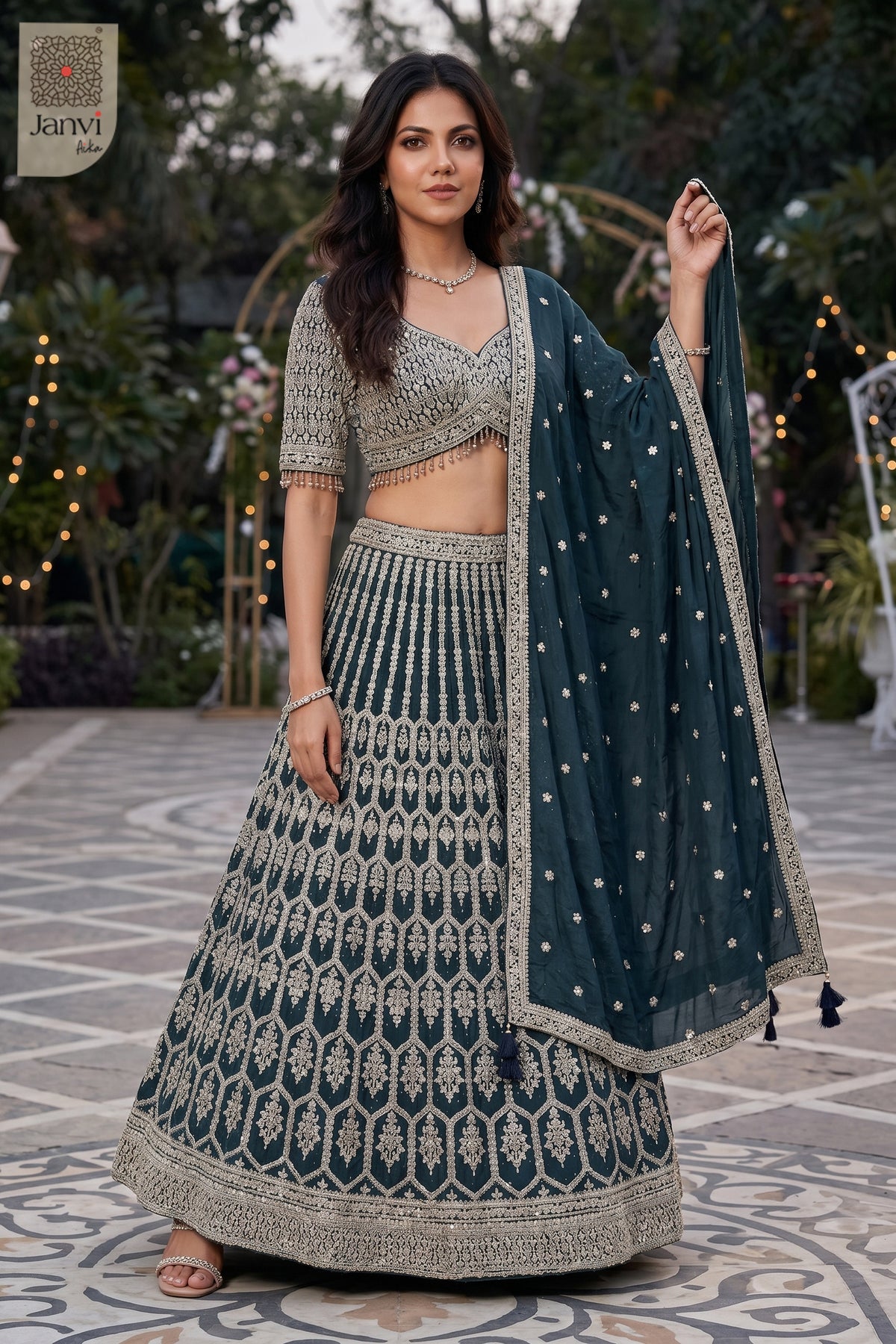 This front full standing shot showcases a gorgeous bottle green georgette green color lehenga.