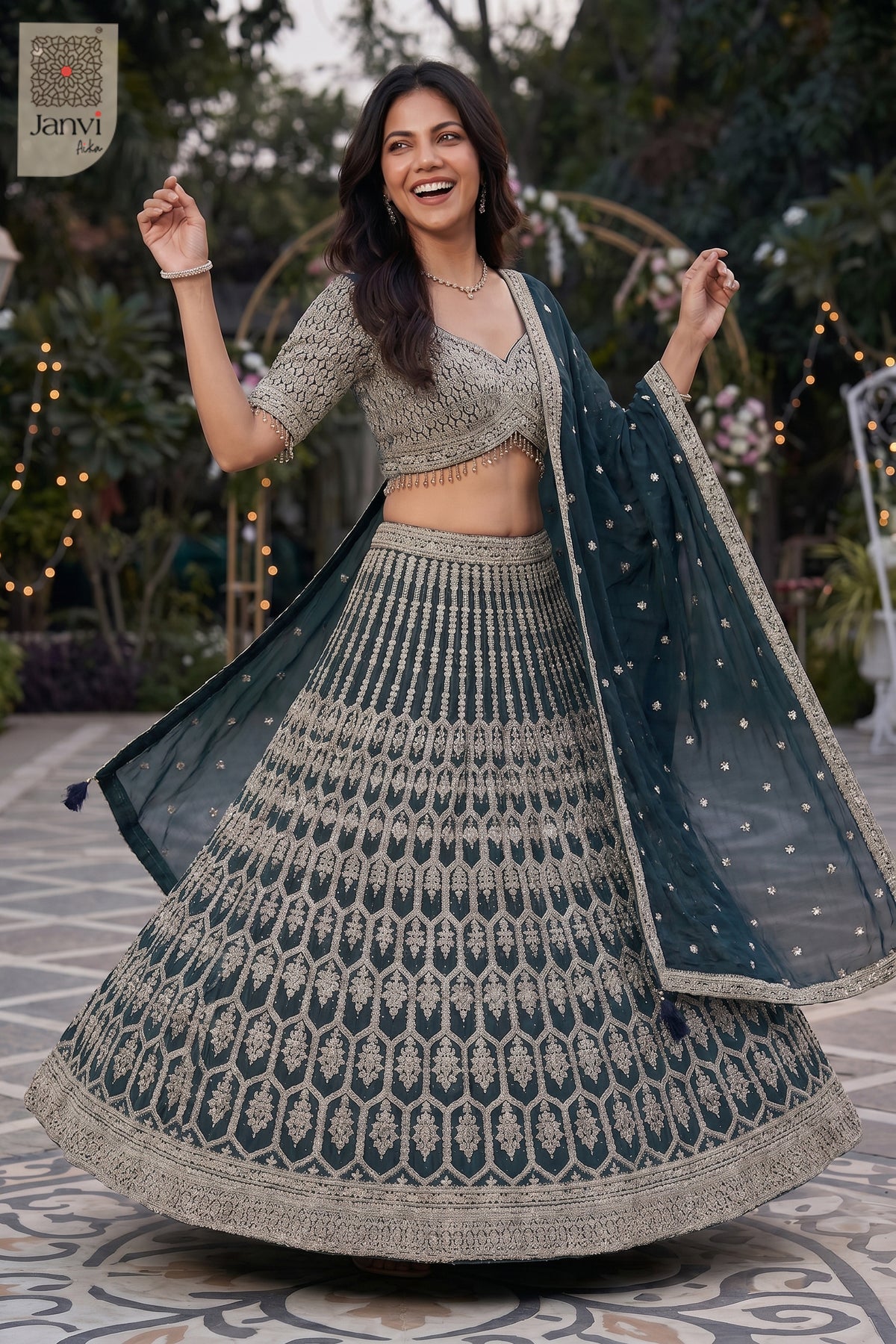 Elegant bottle green georgette saree se lehenga featuring a detailed front full twirling shot.
