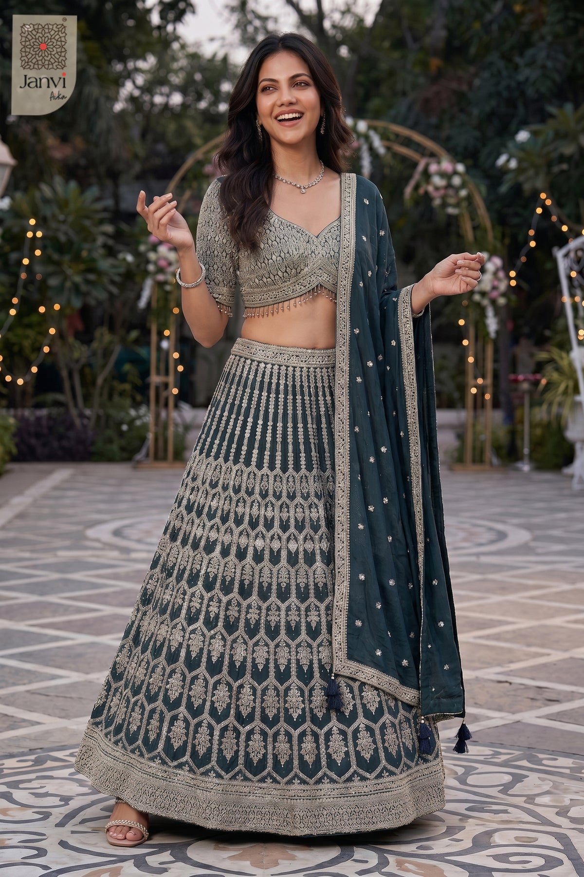 Front full standing shot of a classic bottle green georgette lehenga choli for wedding design.