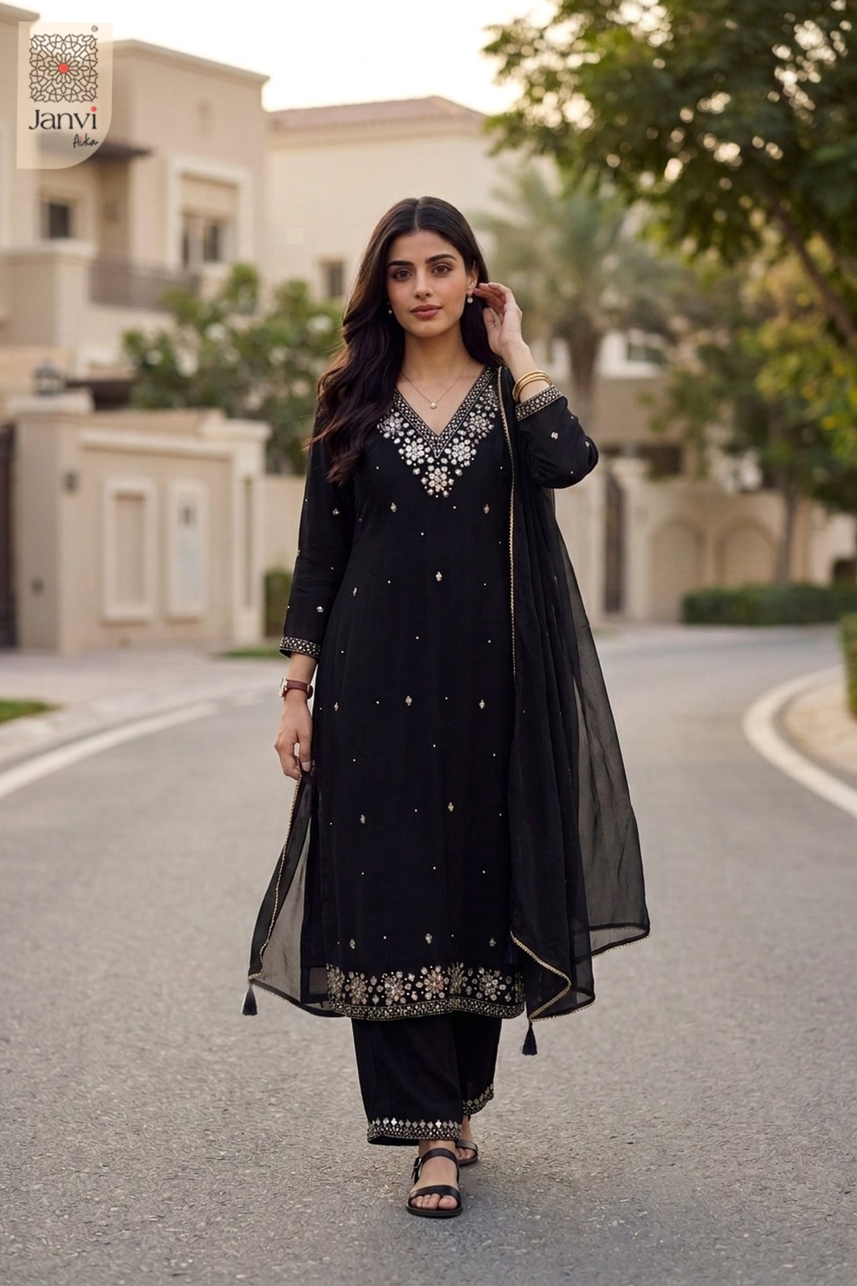 Outdoor walking view in an elegant black festive georgette anarkali kurti attire.