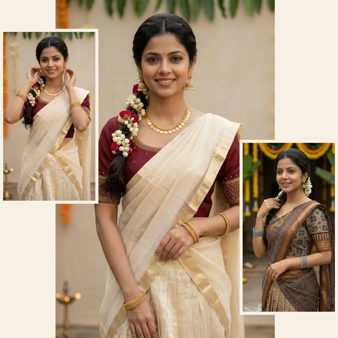 Traditional Kerala saree for women with gold border, bridal ethnic wear and festive occasion styling
