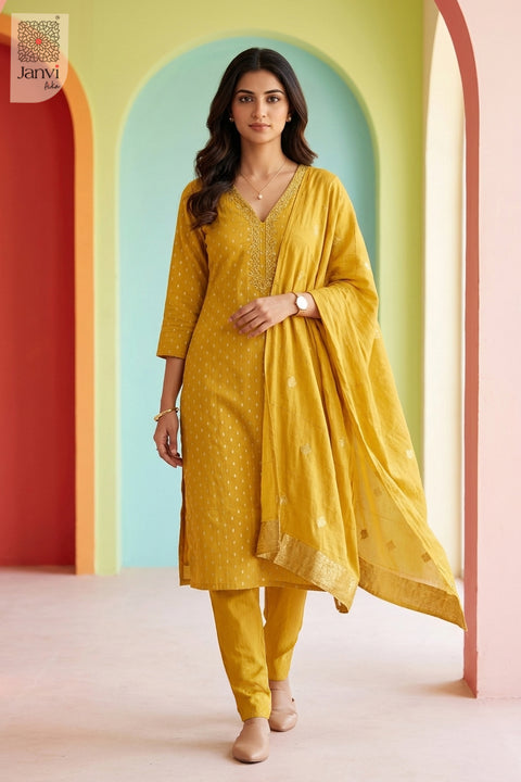 Turmeric Twinkle V Neck Mirror Embroidered Kurta