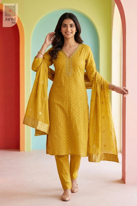 Turmeric Twinkle V Neck Mirror Embroidered Kurta