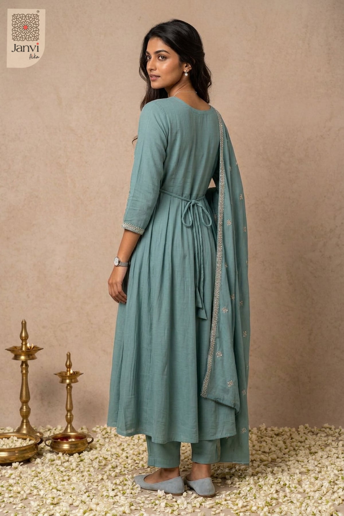Turquoise Dabka Floral Notch Neck Anarkali