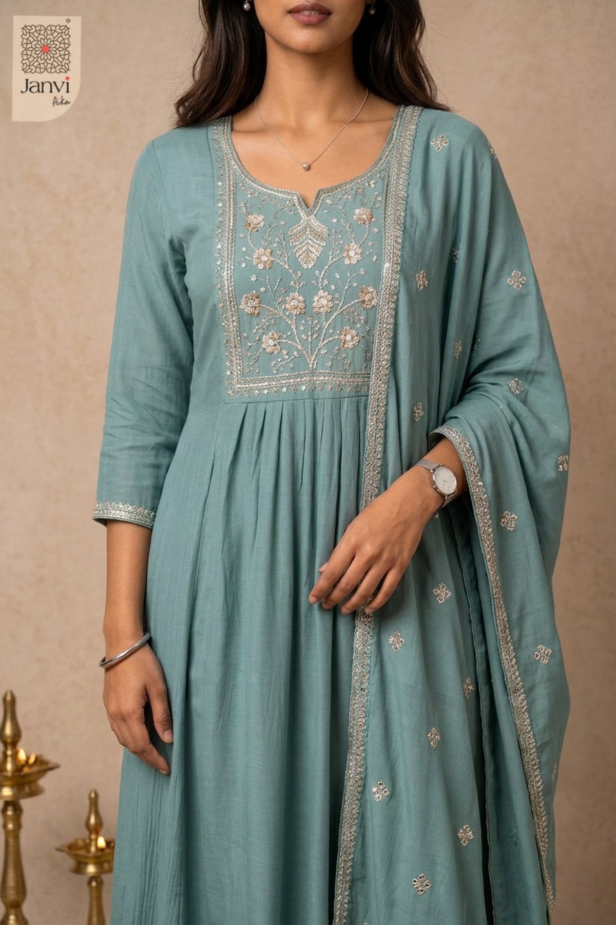 Turquoise Dabka Floral Notch Neck Anarkali
