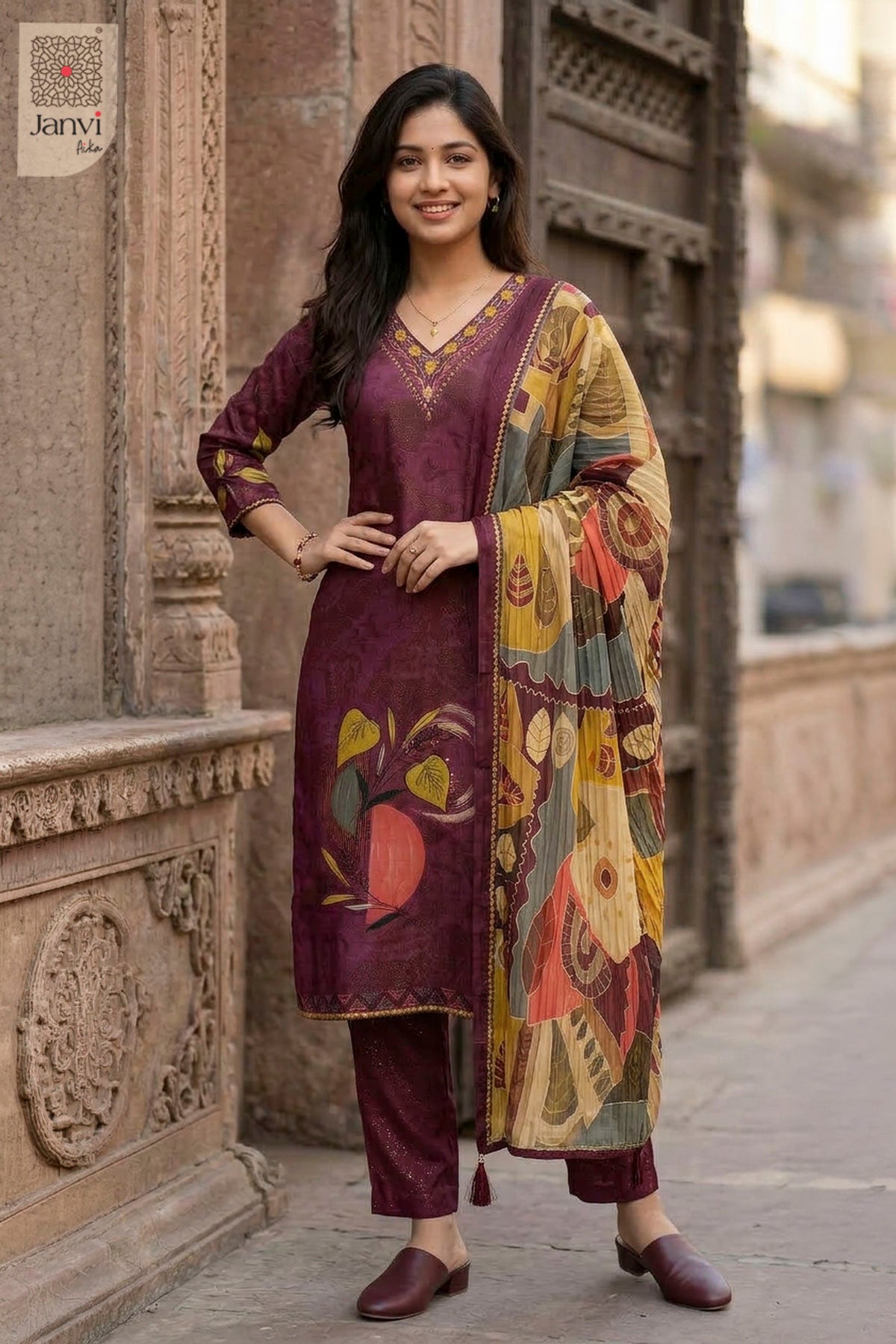 Waist-up front view of Vintage Berry presenting style for beautiful party dresses for ladies.