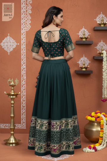 Rear full standing shot of a half saree as a beautiful tamil lehenga saree for weddings.